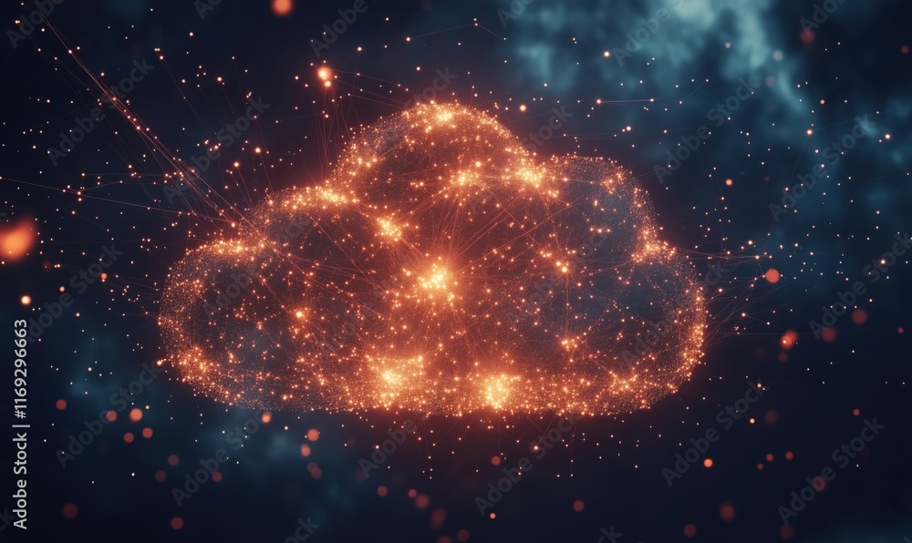 Poster digital cloud network visualization with glowing particles and connections representing data storage
