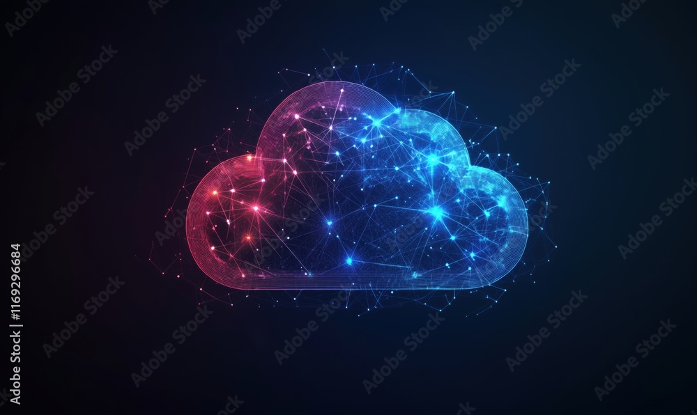 Poster digital cloud network visualization with interconnected nodes and vibrant colors representing data s