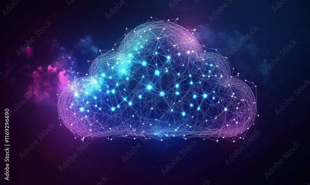 Poster digital cloud network visualization with interconnected nodes and glowing lights, representing data 