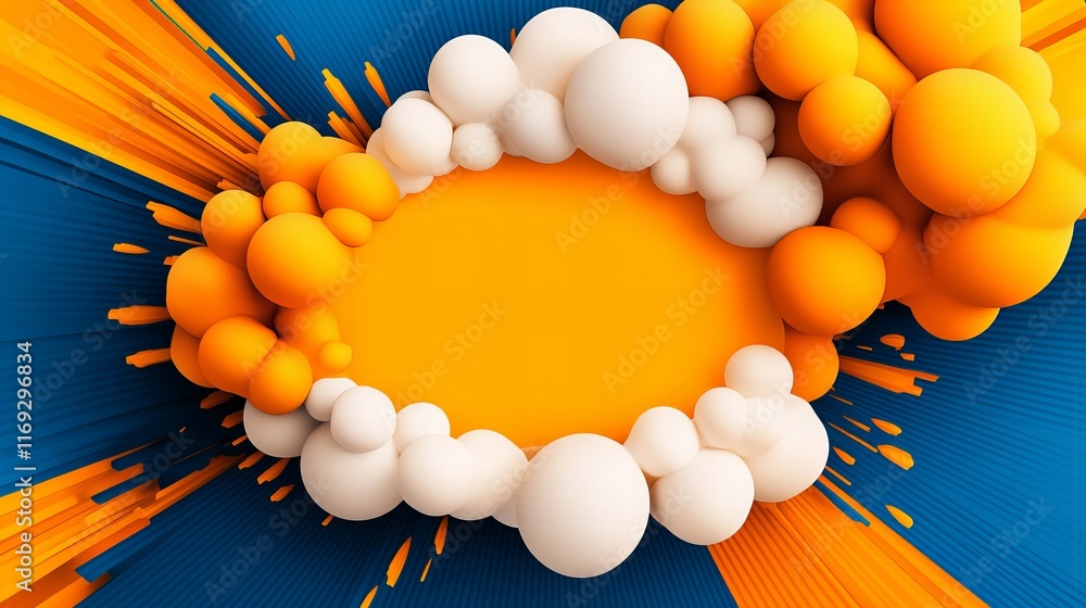 Poster abstract 3d render of vibrant orange and white spheres arranged in a dynamic composition against a b