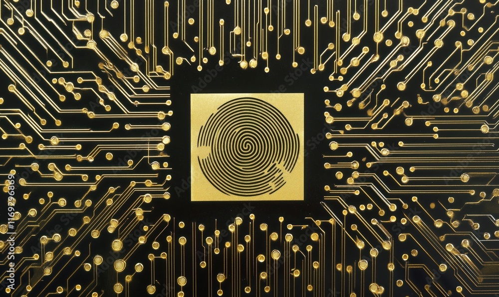 Poster fingerprint design integrated with circuit board patterns, showcasing technology and security concep