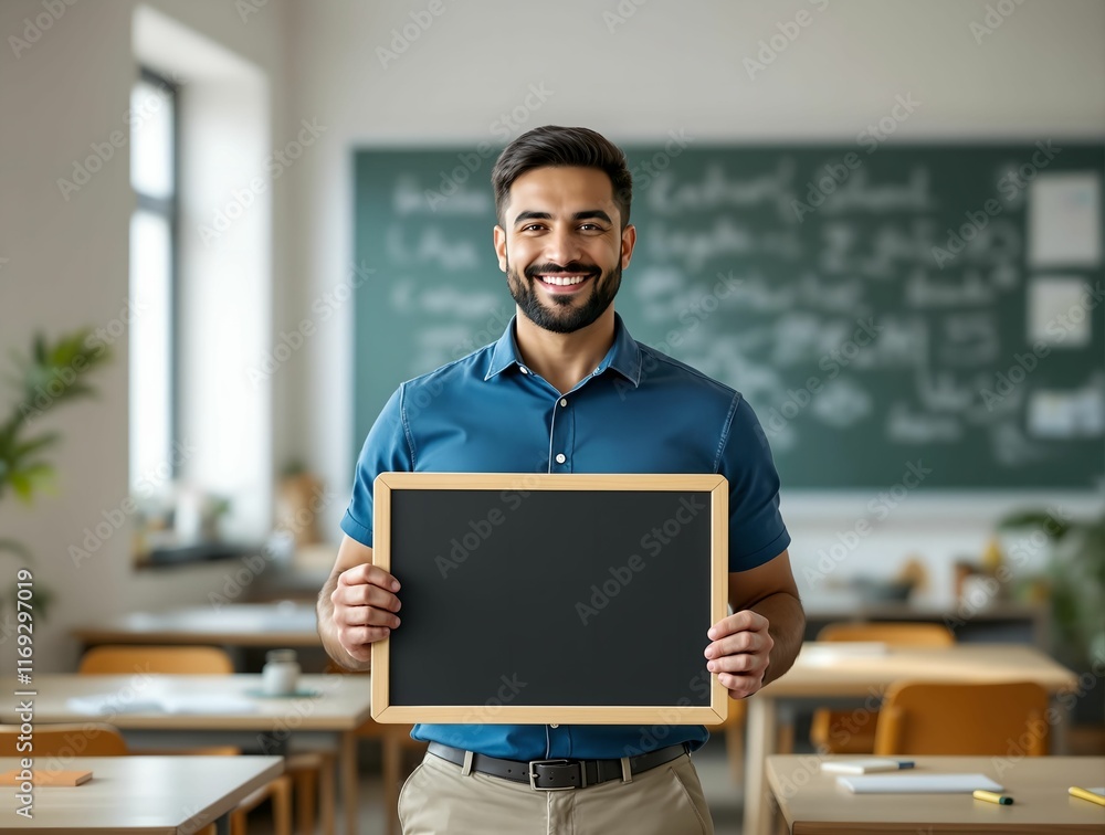 Poster A man is holding a blackboard in a classroom with desks and a chalkboard in the background.
