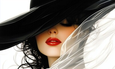 Elegant woman with large black hat and flowing white scarf, showcasing beauty and sophistication