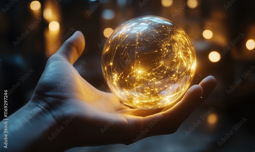 Poster glowing crystal sphere held in hand, illuminated with intricate patterns and warm light, symbolizing