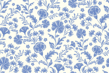 Vintage floral ethnic tapestry modern embroidery texture boho design vector illustration hand drawn silhouette indigo blue flower motif branches leaves wallpaper seamless background border.