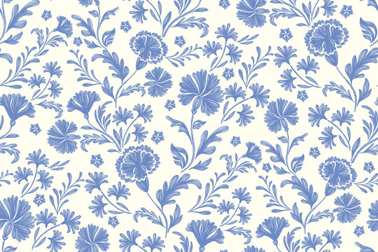 Vintage floral ethnic tapestry modern embroidery texture boho design vector illustration hand drawn silhouette indigo blue flower motif branches leaves wallpaper seamless background border.