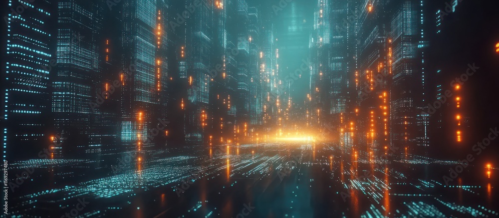 Poster futuristic digital city with glowing lines and data streams.