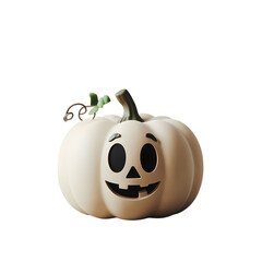A 3D render of a cartoon-style white pumpkin with a minimalist design. The pumpkin is isolated on a transparent background. The pumpkin has a few green leaves