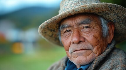 Fototapeta premium A close-up portrait of an elderly man wearing a straw hat, conveying wisdom and experience.