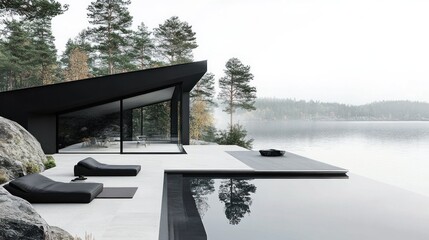 Fototapeta premium Modern lakeside home with sleek design and tranquil views.