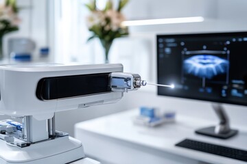 A futuristic medical device displaying precision technology in a clinical setting, symbolizing progress in healthcare practices and patient treatment methodologies.