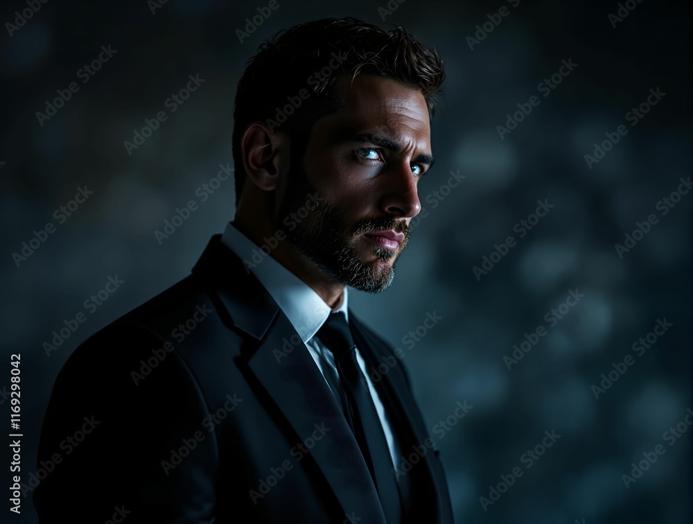 Poster man in a suit with a beard. He appears to be posing for the camera in a dimly lit environment.