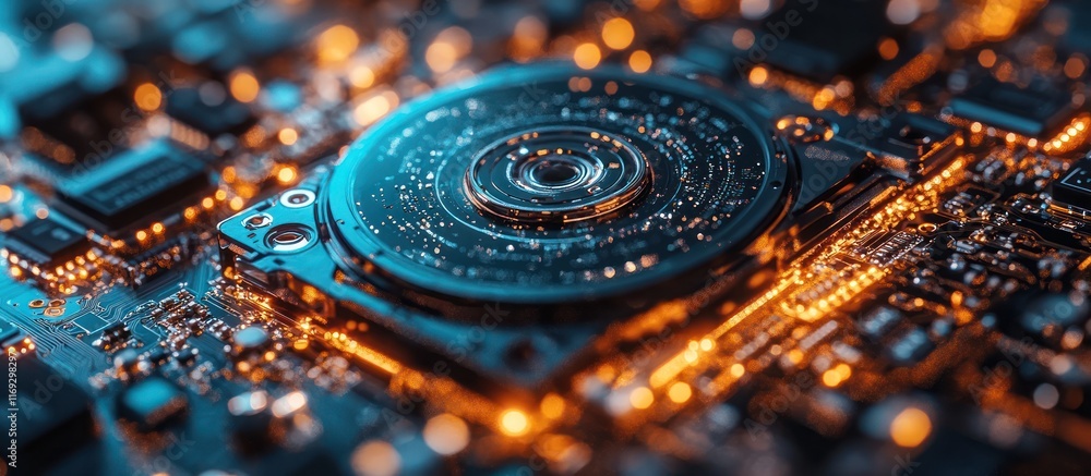 Poster Close-up of a hard drive's internal components on a circuit board, illuminated with warm and cool light.