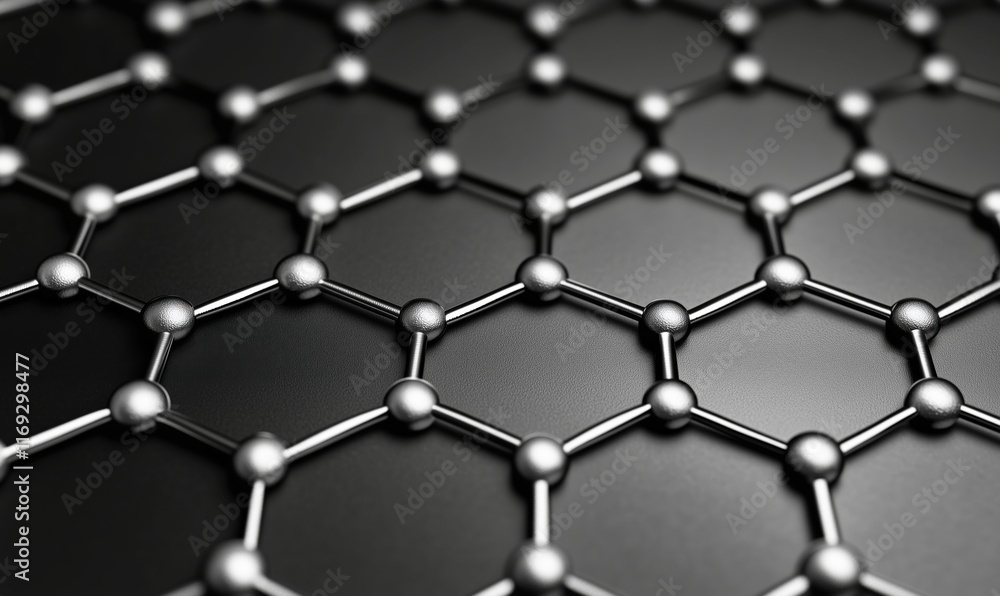 Poster graphene structure showcasing hexagonal lattice arrangement of carbon atoms with metallic sheen and 