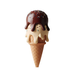 A 3D render of a cartoon style minimalist drawing of a chocolate and vanilla ice cream cone. The ice cream is shown melting, with the chocolate ice cream having a few drips falling down the cone