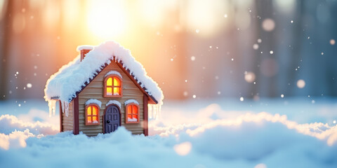 Naklejka premium colorful toy house in winter in a snowdrift in the snow and icicles