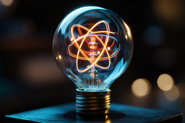 Atomic particle as lightbulb filament for nuclear energy imagery.Atom molecule research.innovation with network connection Development, Innovative technology
