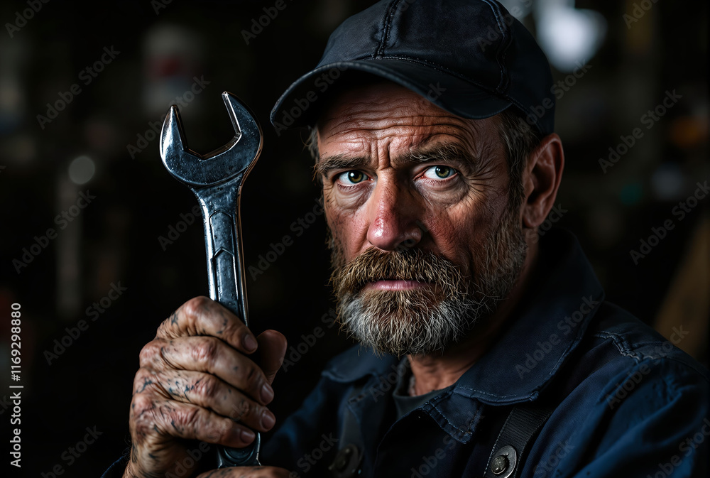 Poster person holding up a wrench, with the tool prominently displayed in the foreground and the person sli