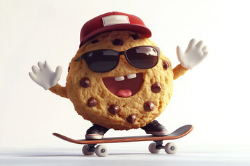 Cookies on skateboard with sunglasses cartoon mascot illustration character.3d Illustration.