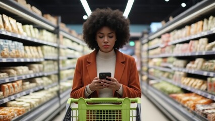 Woman in Grocery Store Aisle Using Smartphone While Shopping