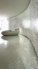 A minimalistic futuristic bedroom, featuring an intelligent bed that adjusts for comfort, holographic projections of ambient light patterns, and a sleek, clean design with glowing accents in 
