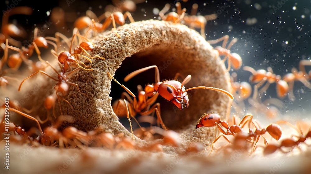 Poster swarming colony of countless worker ants constructing an elaborate underground nest with intricate t