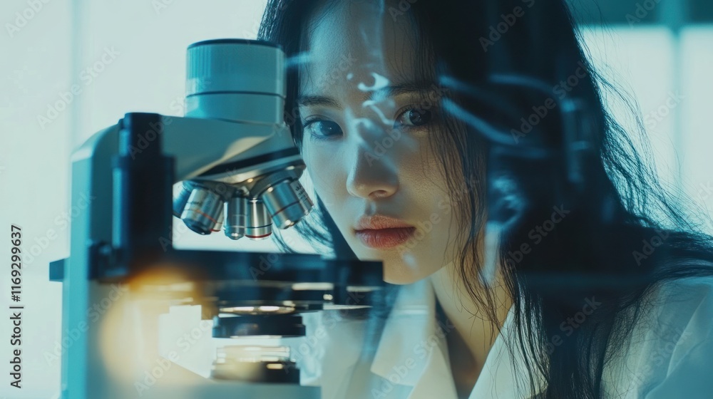 Poster a focused individual examines a microscope in a laboratory setting.