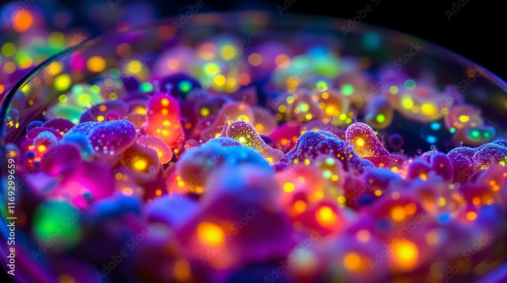 Poster vibrant, colorful scene of glowing bubbles or spheres in a bowl, creating an abstract and visually s