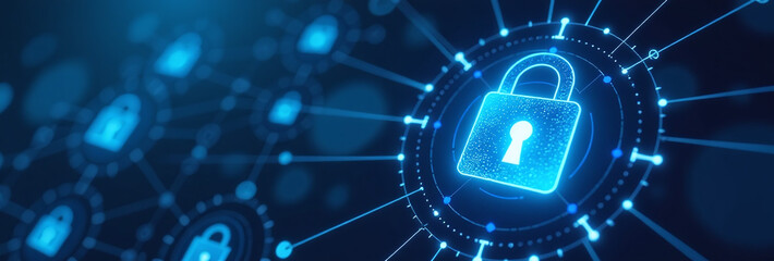 cyber network data stream features blue lock icon security technology