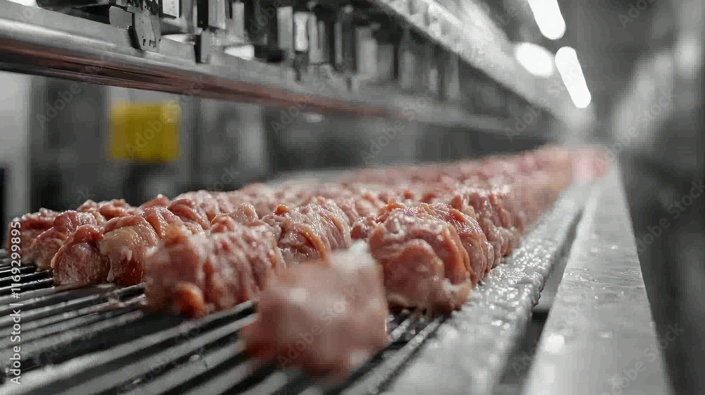 Poster meat skewers on a conveyor belt in a processing facility.