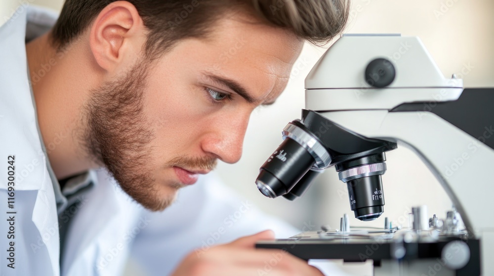 Poster a focused scientist examining a sample under a microscope in a laboratory setting.