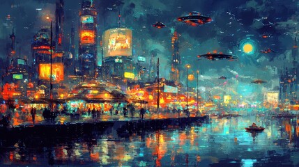 Fototapeta premium A sprawling futuristic cityscape during twilight, with glowing skyscrapers featuring holographic advertisements and elevated pathways bustling with autonomous vehicles. The skyline is filled 