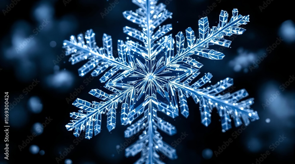 Poster close-up of a snowflake with intricate, delicate branches and a few droplets of water, set against a dark background with a blue hue.