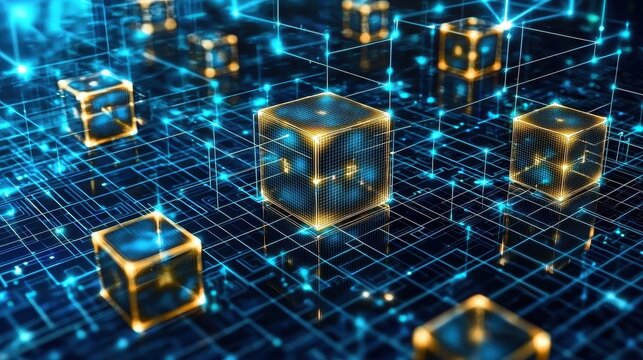 A vibrant depiction of a blockchain network as a series of glowing cubes connected by luminous lines in a vast digital landscape. The dynamic colors emphasize transparency and security in the 