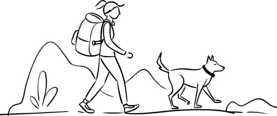 backpacker woman and dog friend walking in nature together discovering lifestyle line art