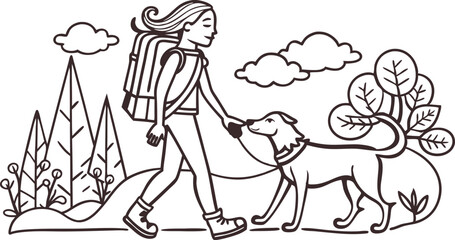 backpacker woman and dog friend walking in nature together discovering lifestyle line art