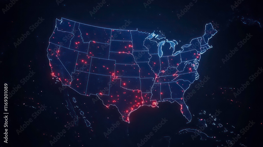 Poster illuminated us map with glowing red dots indicating data points across states.