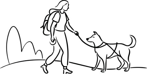 backpacker woman and dog friend walking in nature together discovering lifestyle line art