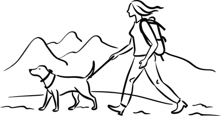 backpacker woman and dog friend walking in nature together discovering lifestyle line art