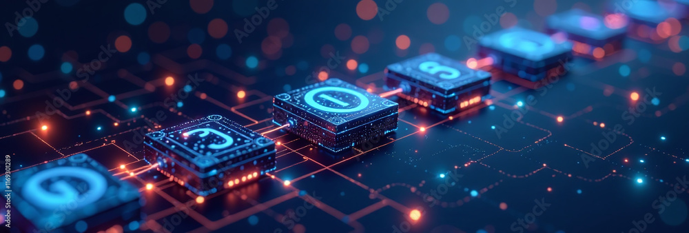 Poster digital blocks connect form blockchain chain numbers abstract technology illustration