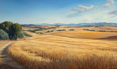 Fototapeta premium Golden Wheat Fields Under Blue Sky with Rolling Hills and Distant Mountains, Serene Landscape, Peaceful Countryside