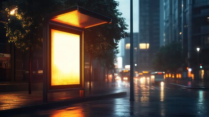 Vertical advertising poster mockup at empty bus stop shelter by main road Outofhome OOH 6 sheet billboard media display space in city
