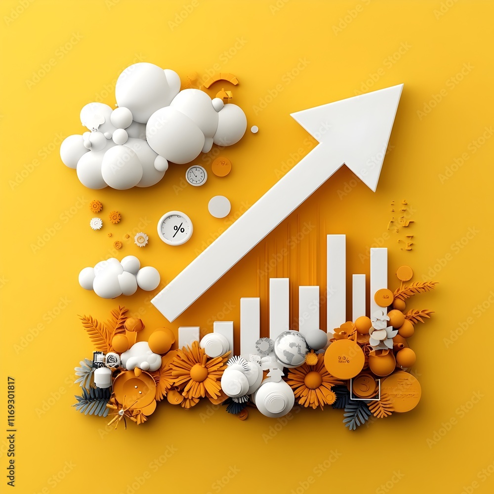 Poster rapidly descending white chart arrow with percentage symbol on vivid yellow background representing 