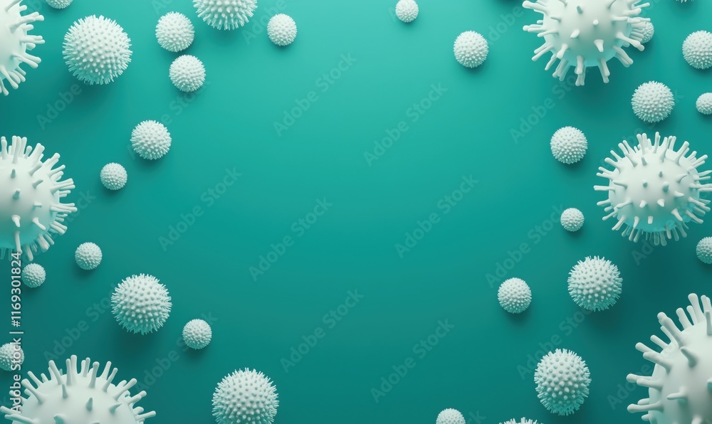 Poster 3d rendered microorganisms and viruses on teal background, abstract representation of pathogens and 