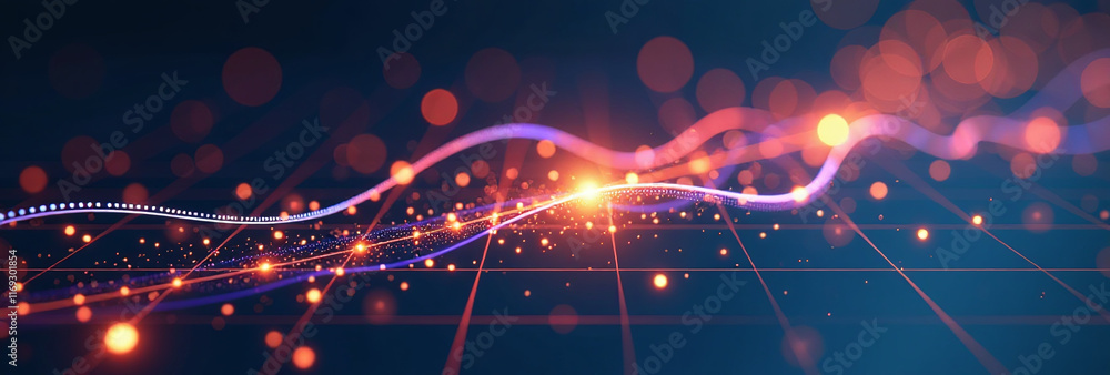 Poster digital illustration abstract concepts glowing particles lines grid