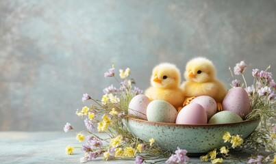 Cute baby chicks nestled in pastel Easter eggs surrounded by delicate flowers, perfect for spring celebrations and festive decorations