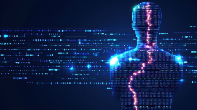 An abstract visualization of artificial intelligence, represented as a glowing humanoid figure with circuits interwoven like veins. The background features dynamic streams of binary code and 