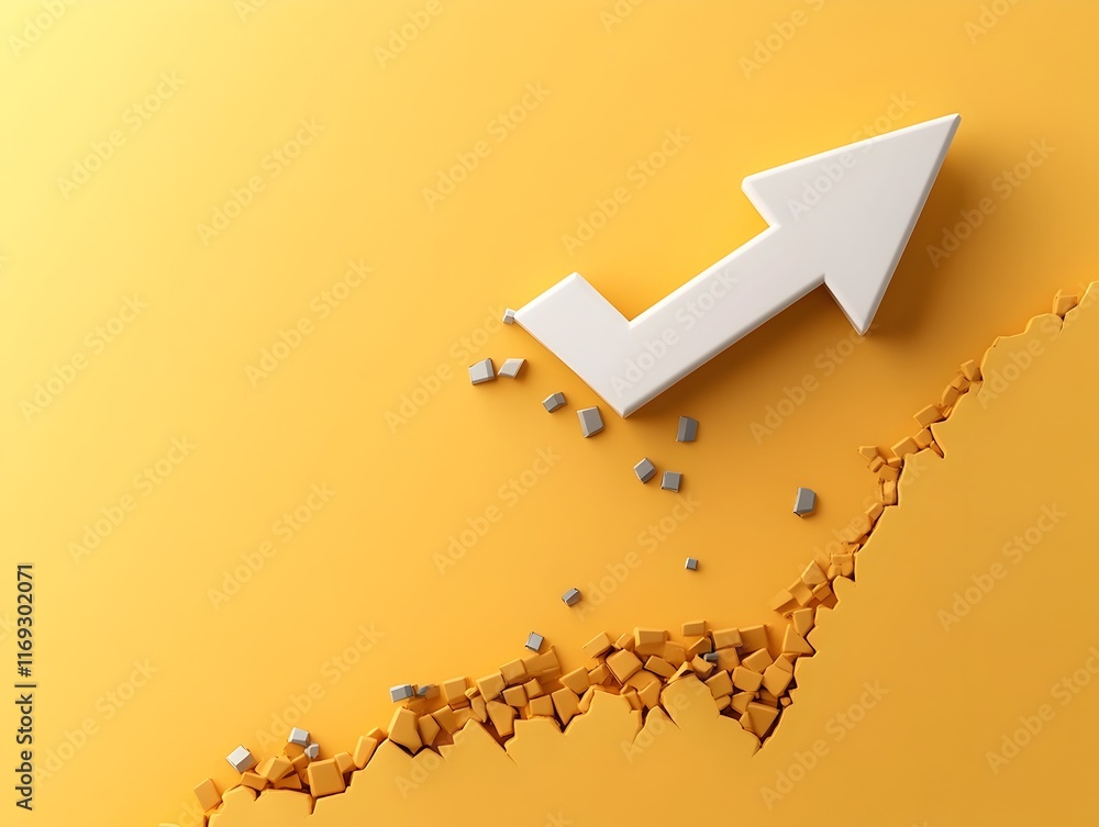 Poster decreasing arrow chart icon on bright yellow background data visualization for lowering interest rat