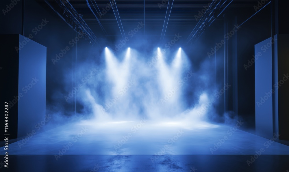 Aufkleber dramatic stage lighting with blue fog and illuminated backdrop creating an atmospheric performance s