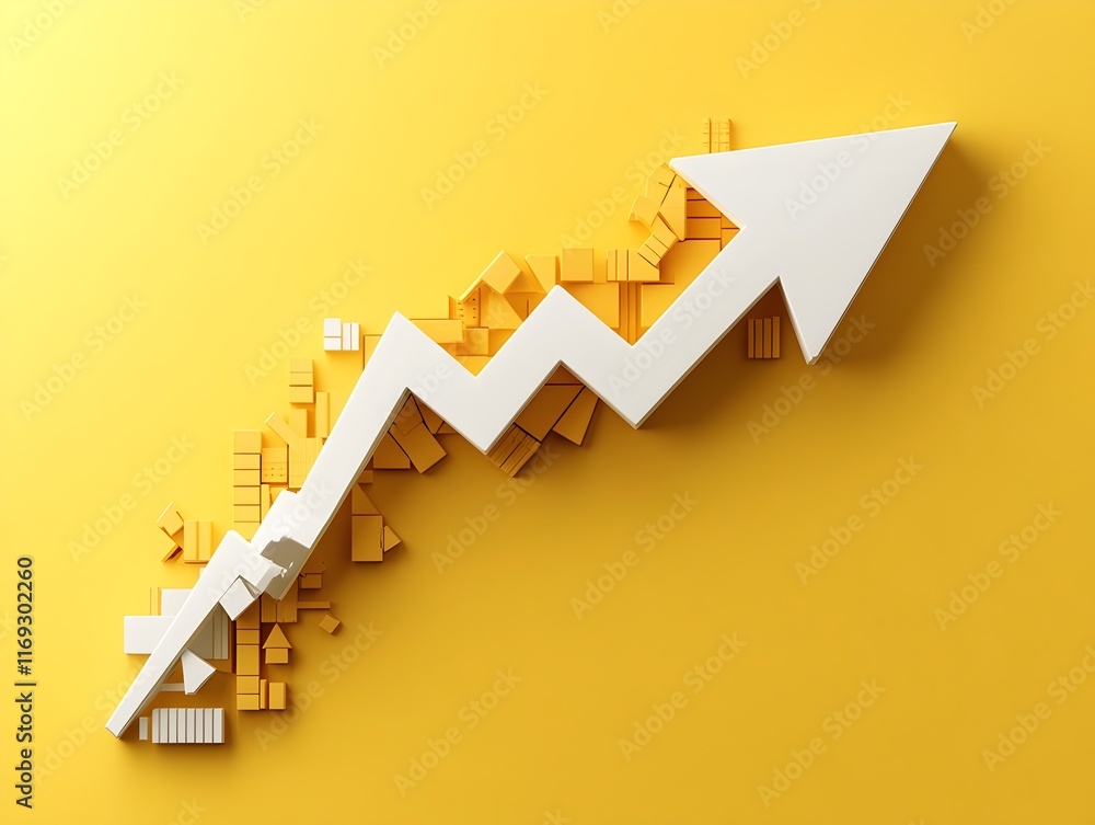 Poster descending white chart arrow with percentage indicator on vibrant yellow backdrop representing decre